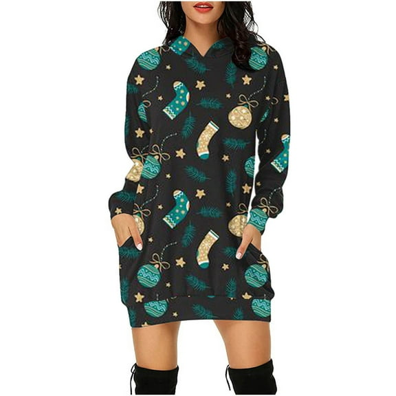 Tponi Christmas Dresses For Women 2024 Sweater Regular Neck Tab Long Sleeve Black Dresses For Women L