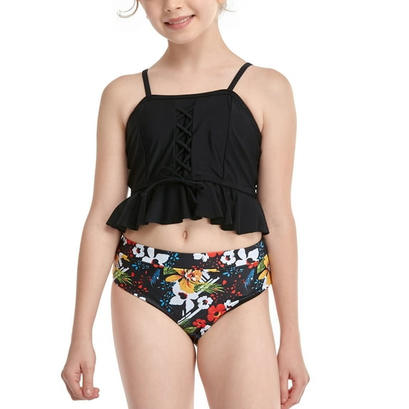 Tponi Kids Swimsuits,Girls 2 Piece Swimsuit,Two-Piece Sets,Swim Set,Black,10