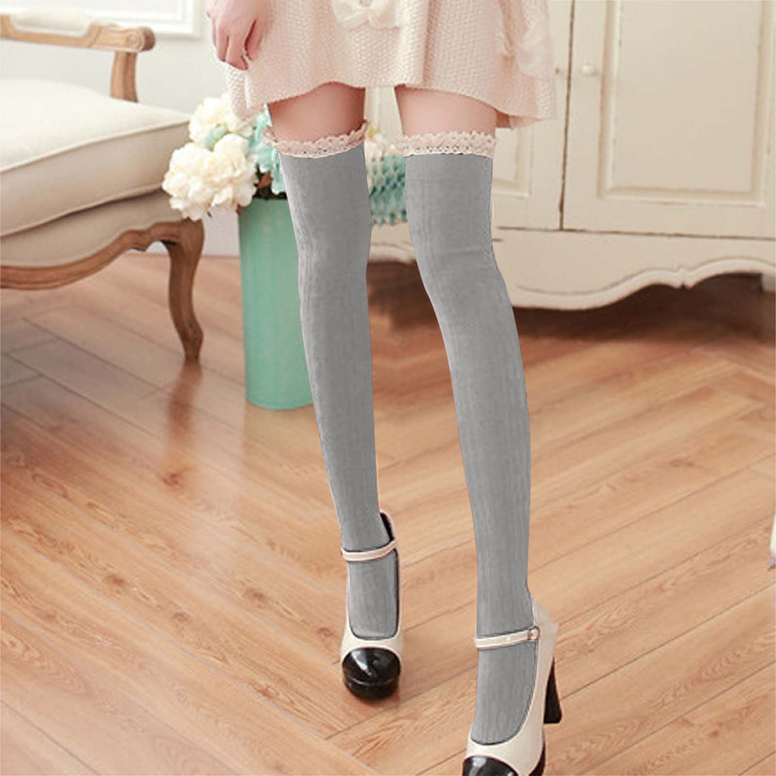 Tponi Knee High Stockings For Women semi-opaque Tights Over the Knee Light Gray Free Size