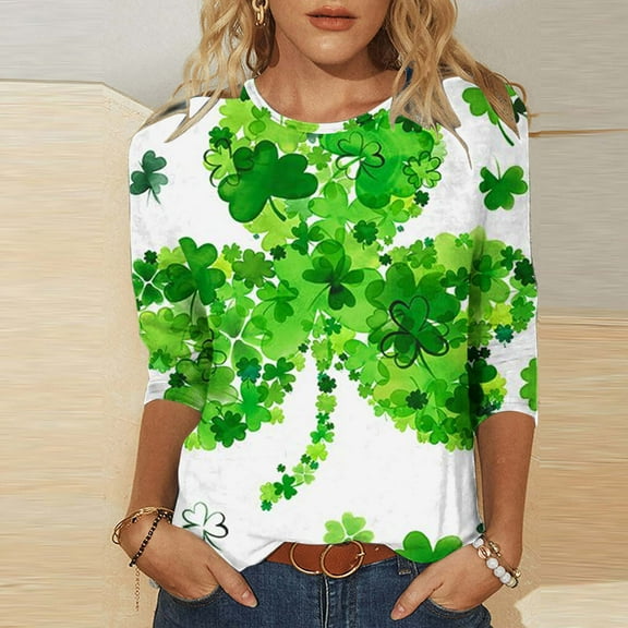 Tponi Shamrock Heart Tshirt Crew Neck Top 3/4 Sleeve Shamrock Multicolor St Patricks Day Womens Shirts XXXL
