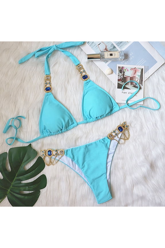 Slimming Swimsuits For Women Two-Piece Sets Elastic Sky Blue Clear Strap Bikini S