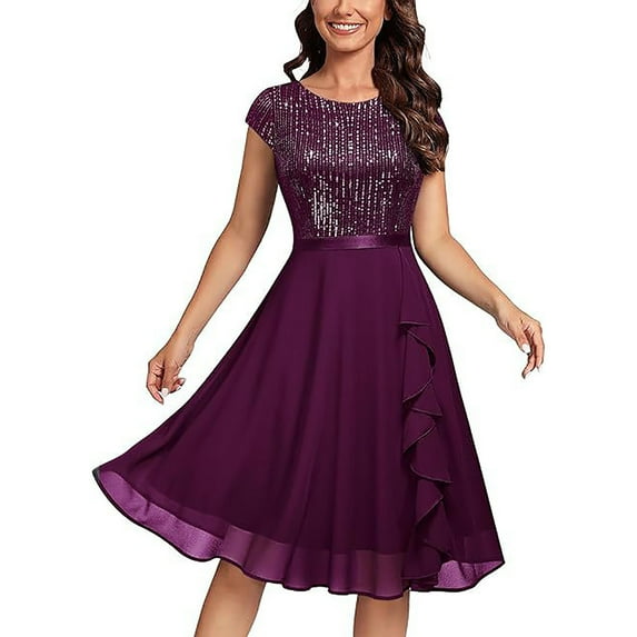 Tponi Sparkle Dresses Evening Gown Regular Crew Neck Tab Short Sleeve Purple Holiday Dresses For Women L
