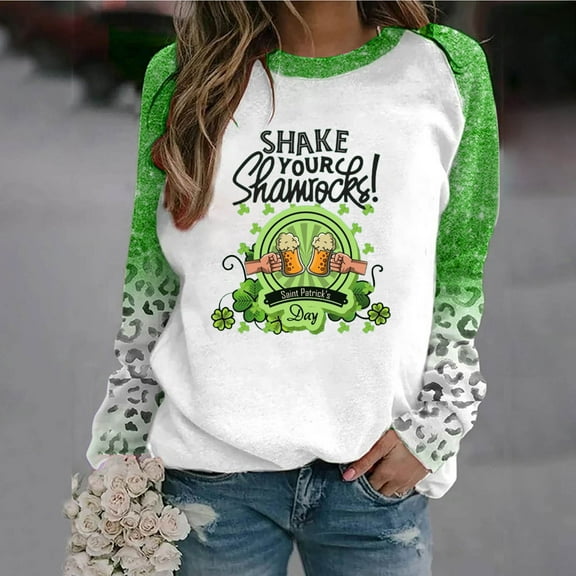 Tponi St Patricks Day Shirt For Women Crew Neck Top Long Sleeve Shamrock Multicolor Women S.T Patrick Day Shirt L