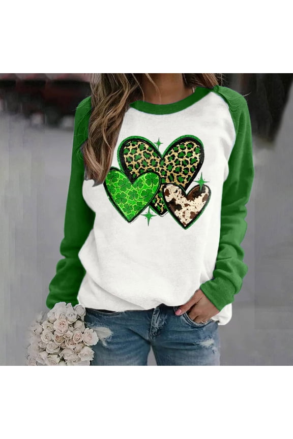 St Patricks Day Shirts Crew Neck Top Long Sleeve Shamrock Multicolor Soft Sweatshirts For Women L