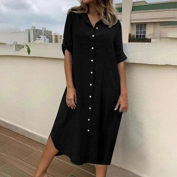 Tponi Sundresses For Women Casual Maxi Long V-Neck Bell Long Sleeve Black Girls Dresses Clearance L