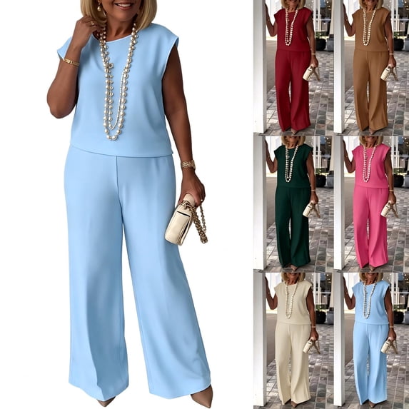 Tqcoqu 2 Piece Causal Sets for Women Cap Sleeve Round Neck Loose Shirts Matching Wide Leg Pants Outfit,Beige,Women's S-XXL