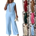 thumbnail image 1 of Tqcoqu 2 Piece Causal Sets for Women Cap Sleeve Round Neck Loose Shirts Matching Wide Leg Pants Outfit,Sky Blue,Women's S-XXL, 1 of 7
