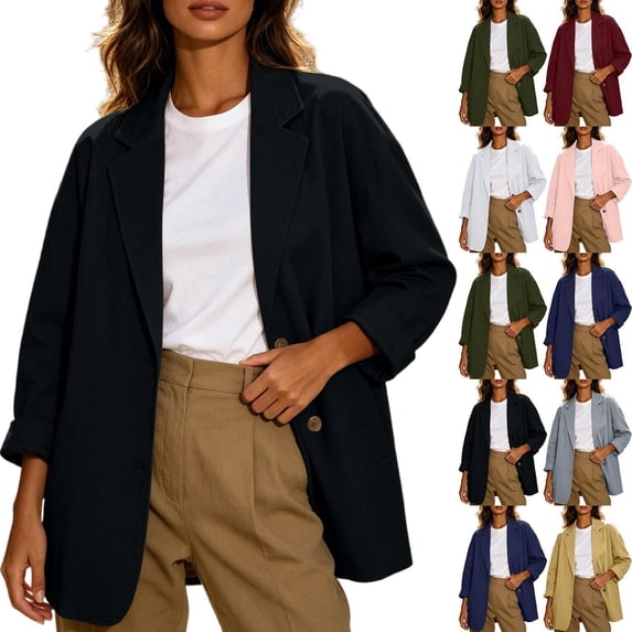 Tqcoqu 2026 Fall Lightweight Comfy Lapel Blazer Jacket, Long Sleeve Button Front Casual Loose Coat with Pockets,Women's S-XXL