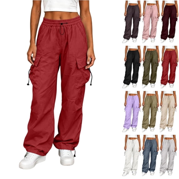 Tqcoqu Baggy Cargo Pants for Women, Elastic Dstring Waist with Multi Pocket, Y2K Casual Loose Boyfriends Vintage Streetwear Trousers