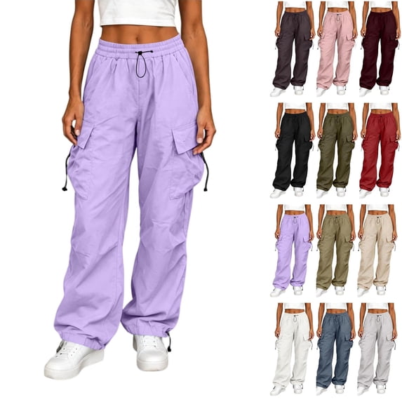 Tqcoqu Baggy Cargo Pants for Women, Elastic Dstring Waist with Multi Pocket, Y2K Casual Loose Boyfriends Vintage Streetwear Trousers