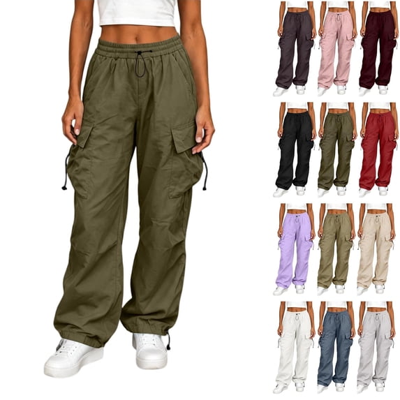Tqcoqu Baggy Cargo Pants for Women, Elastic Dstring Waist with Multi Pocket, Y2K Casual Loose Boyfriends Vintage Streetwear Trousers