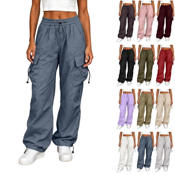 Tqcoqu Baggy Cargo Pants for Women, Elastic Dstring Waist with Multi Pocket, Y2K Casual Loose Boyfriends Vintage Streetwear Trousers