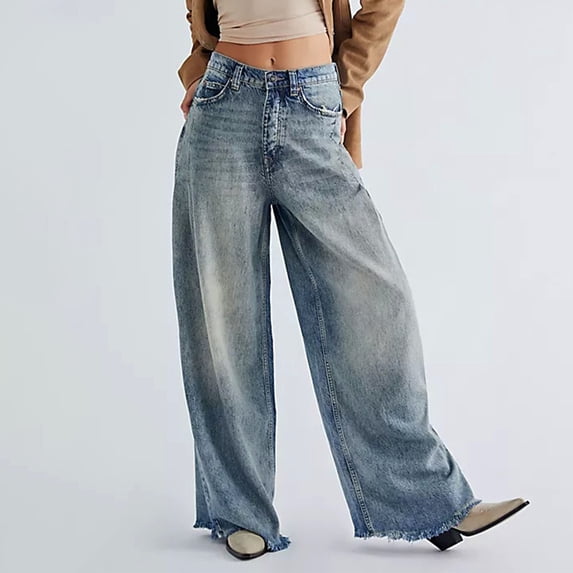 Tqcoqu Baggy Jeans Wide Leg Denim Pants Vintage Jeans Women's Street Fashion Straight Denim Pants,Blue,Women's S-XL