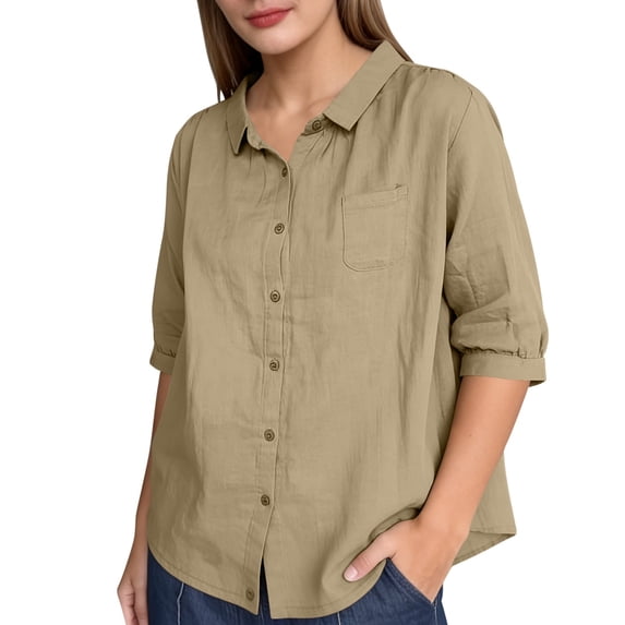 Tqcoqu Button Down Shirts for Women Half Sleeve Collared Casual Loose Blouses Summer Vacation Tops with Chest Pocket,Khaki Women's M-XXXXL