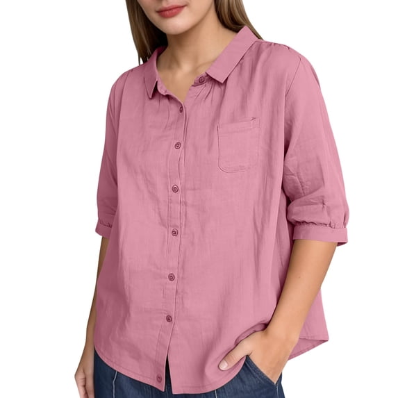 Tqcoqu Button Down Shirts for Women Half Sleeve Collared Casual Loose Blouses Summer Vacation Tops with Chest Pocket,Pink Women's M-XXXXL