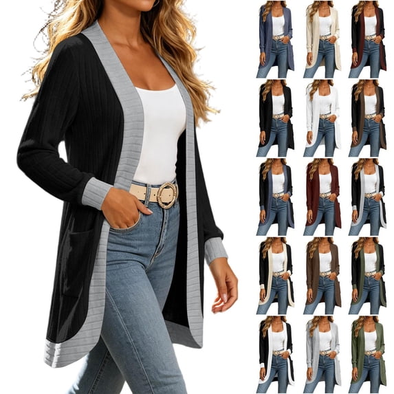 Tqcoqu Cardigan Sweaters for Women Long Sleeve Open Front with Pockets,Dressy Loose Fit Cardigan Sweater for Work and Office