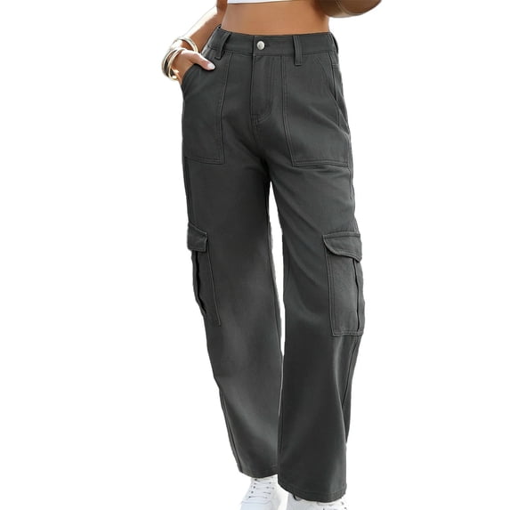 Tqcoqu Cargo Denim Pants for Women,Wide Leg Baggy High Waisted Stretch Jeans,Ankle Cuffs 6 Pockets Straight Casual Jean,Gray Women's S-XXL