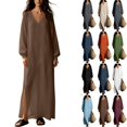 thumbnail image 1 of Tqcoqu Cotton Blend Casual Beach Vacation Long Tunic Dress for Women,Loose Side Slit Lightweight Long Sleeve Linen Maxi Dress, 1 of 8