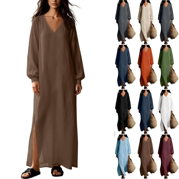 Tqcoqu Cotton Blend Casual Beach Vacation Long Tunic Dress for Women,Loose Side Slit Lightweight Long Sleeve Linen Maxi Dress