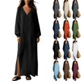 thumbnail image 1 of Tqcoqu Cotton Blend Casual Beach Vacation Long Tunic Dress for Women,Loose Side Slit Lightweight Long Sleeve Linen Maxi Dress, 1 of 8