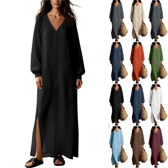 Tqcoqu Cotton Blend Casual Beach Vacation Long Tunic Dress for Women,Loose Side Slit Lightweight Long Sleeve Linen Maxi Dress