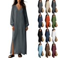 thumbnail image 1 of Tqcoqu Cotton Blend Casual Beach Vacation Long Tunic Dress for Women,Loose Side Slit Lightweight Long Sleeve Linen Maxi Dress, 1 of 8