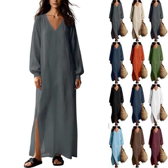 Tqcoqu Cotton Blend Casual Beach Vacation Long Tunic Dress for Women,Loose Side Slit Lightweight Long Sleeve Linen Maxi Dress
