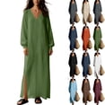 thumbnail image 1 of Tqcoqu Cotton Blend Casual Beach Vacation Long Tunic Dress for Women,Loose Side Slit Lightweight Long Sleeve Linen Maxi Dress, 1 of 8