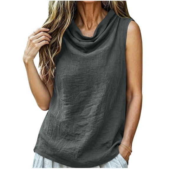 Tqcoqu Cotton Linen Shirts for Women Cowl Neck Tops Dressy Casual Loose Fit Solid Color Sleeveless Shirts,Gray,Women's S-XXL