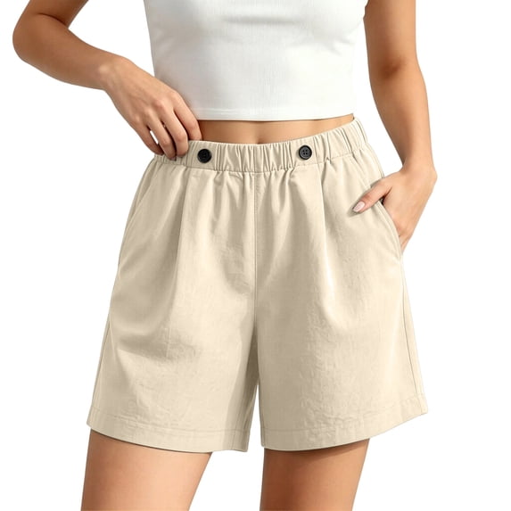Tqcoqu Cotton Linen Shorts for Women Elastic Waist Bermuda Shorts Casual Clothing with Pockets,White,Women's M-XXXXL