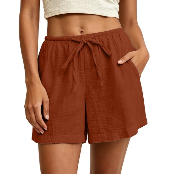 Tqcoqu Cotton Linen Shorts for Women Elastic Waist Drawstring Summer Beach Shorts with Pockets,Orange Women's S-XXXL