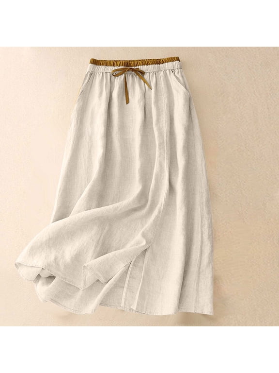 Cotton Linen Skirt for Women with Pockets Casual Flowy Swing Elastic High Waist A-Line Split Long Boho Skirts,A-Beige,Women's M-XXL