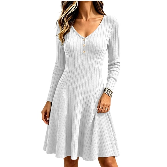 Tqcoqu Dresses for Women Long Sleeve Button V Neck Lightweight Ribbed Knit Casual Babydoll A Line Swing Flared Fall Dresses