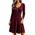 thumbnail image 1 of Tqcoqu Dresses for Women Long Sleeve Button V Neck Lightweight Ribbed Knit Casual Babydoll A Line Swing Flared Fall Dresses, 1 of 8