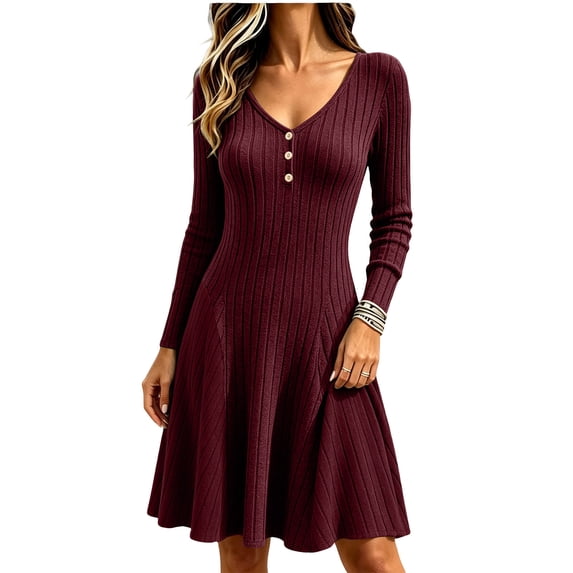 Tqcoqu Dresses for Women Long Sleeve Button V Neck Lightweight Ribbed Knit Casual Babydoll A Line Swing Flared Fall Dresses