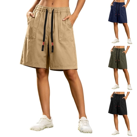 Tqcoqu Elastic Drawstring Waist Bermuda Shorts for Women,Loose Fit Summer Casual Shorts with Big Patch Pocket,Army Green Women's M-XXXXL