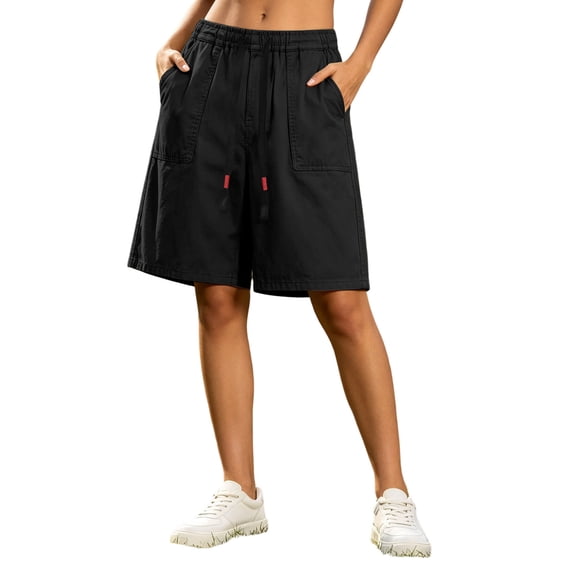 Tqcoqu Elastic Drawstring Waist Bermuda Shorts for Women,Loose Fit Summer Casual Shorts with Big Patch Pocket,Black Women's M-XXXXL