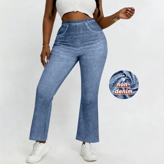 Tqcoqu Faux Flare Jeans for Women High Waisted Tummy Control Stretch Wide Leg Pants Elastic Waist Faux Denim Trousers with Decorative Pockets,Blue,Women's S-XXL