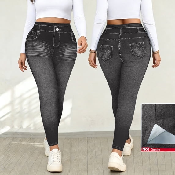 Tqcoqu Faux Jeans High Waisted for Women , Stylish Washed Stretch Casual Imitation Denim Pants with Decorative Pockets,Dark Gray,Women's S-XXL