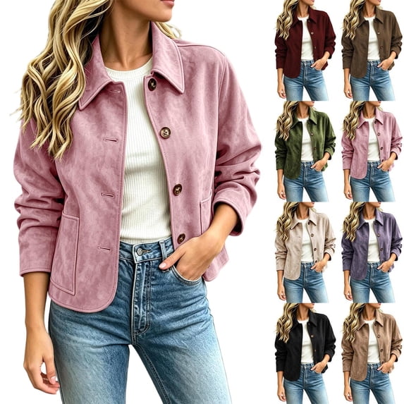 Tqcoqu Faux Suede Casual Cropped Fall Jacket for Women Trendy 2026, Button Down Short Casual Outwear with Pockets