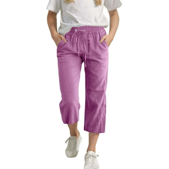 Tqcoqu Girls Casual Pants Kids Straight Leg Drawstring Waist Loose Comfy Pants With Pockets