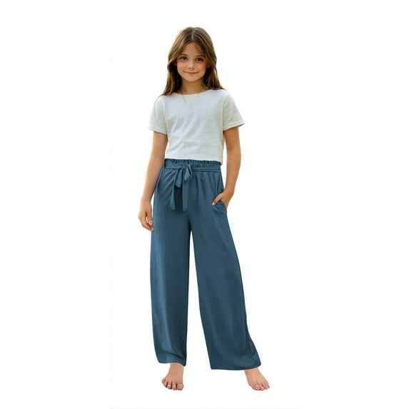 Tqcoqu Girls Pants Casual Smocked High Waist Pant Loose Wide Leg Long Trousers 4-14 Years