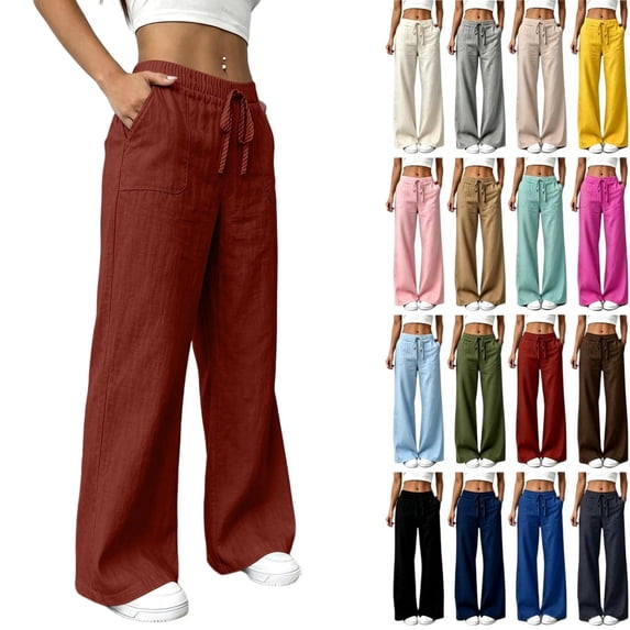 Tqcoqu High Waisted Wide Leg Linen Pants for Women, Dstring Casual Breathable Lightweight Lounge Pants, Loose Comfy Cotton Linen Summer Beach Vacation Trousers with Pockets