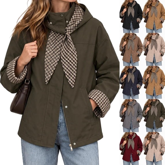 Tqcoqu Hooded Jacket for Women, Plaid Lining Long Sleeve Zip Button Front Coat with Detachable Hood and Pockets,Women's,Size S-XXL