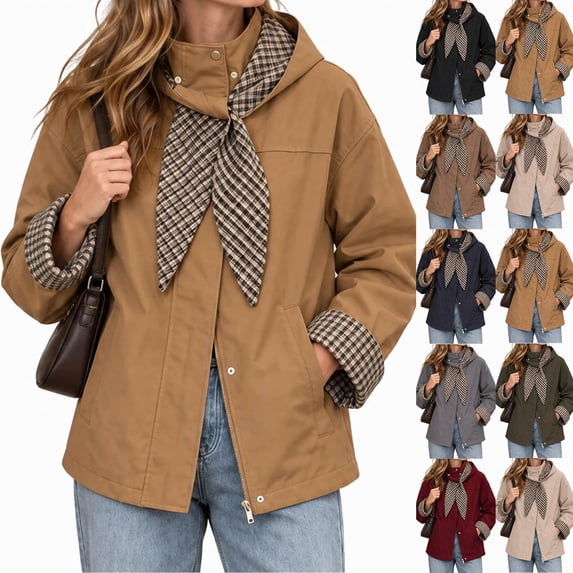 Tqcoqu Hooded Jacket for Women, Plaid Lining Long Sleeve Zip Button Front Coat with Detachable Hood and Pockets,Women's,Size S-XXL