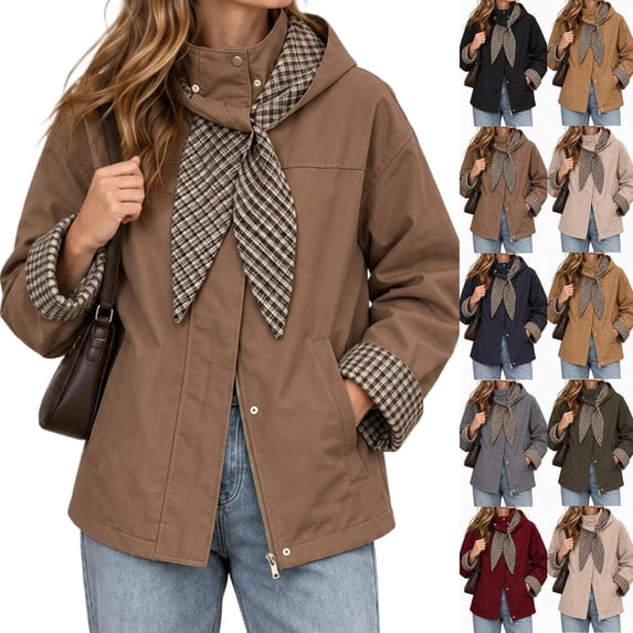 Tqcoqu Hooded Jacket for Women, Plaid Lining Long Sleeve Zip Button Front Coat with Detachable Hood and Pockets,Women's,Size S-XXL