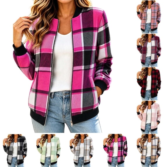 Tqcoqu Jackets for Women 2026 Lightweight Bomber Jacket Plaid Flannel Coat, Zip Up Long Sleeve Short Warm Coat with Pockets,Women's,Size S-XXL