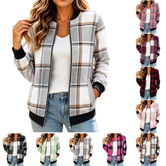 Tqcoqu Jackets for Women 2026 Lightweight Bomber Jacket Plaid Flannel Coat, Zip Up Long Sleeve Short Warm Coat with Pockets,Women's,Size S-XXL