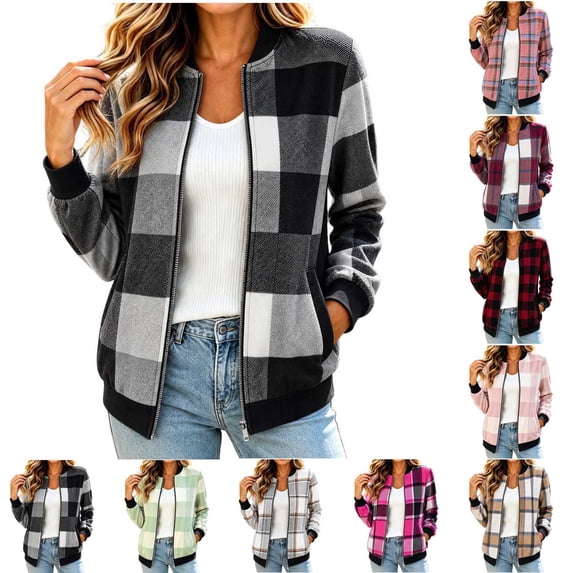 Tqcoqu Jackets for Women 2026 Lightweight Bomber Jacket Plaid Flannel Coat, Zip Up Long Sleeve Short Warm Coat with Pockets,Women's,Size S-XXL