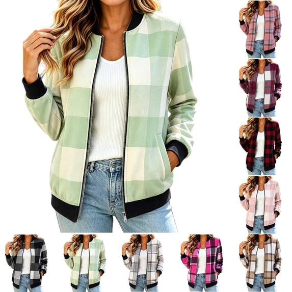 Tqcoqu Jackets for Women 2026 Lightweight Bomber Jacket Plaid Flannel Coat, Zip Up Long Sleeve Short Warm Coat with Pockets,Women's,Size S-XXL